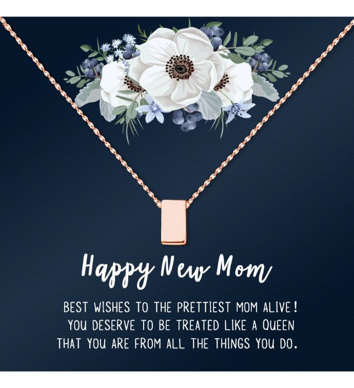 Happy New Mom Mother's Day Necklace, Mother's Day Gift for Her, Silver Cube Necklace, Mother's Day Card and Necklace, Gift for Mom with Gift Box Ship Next Day! [Rose Gold Cube, No-Personalized Card]