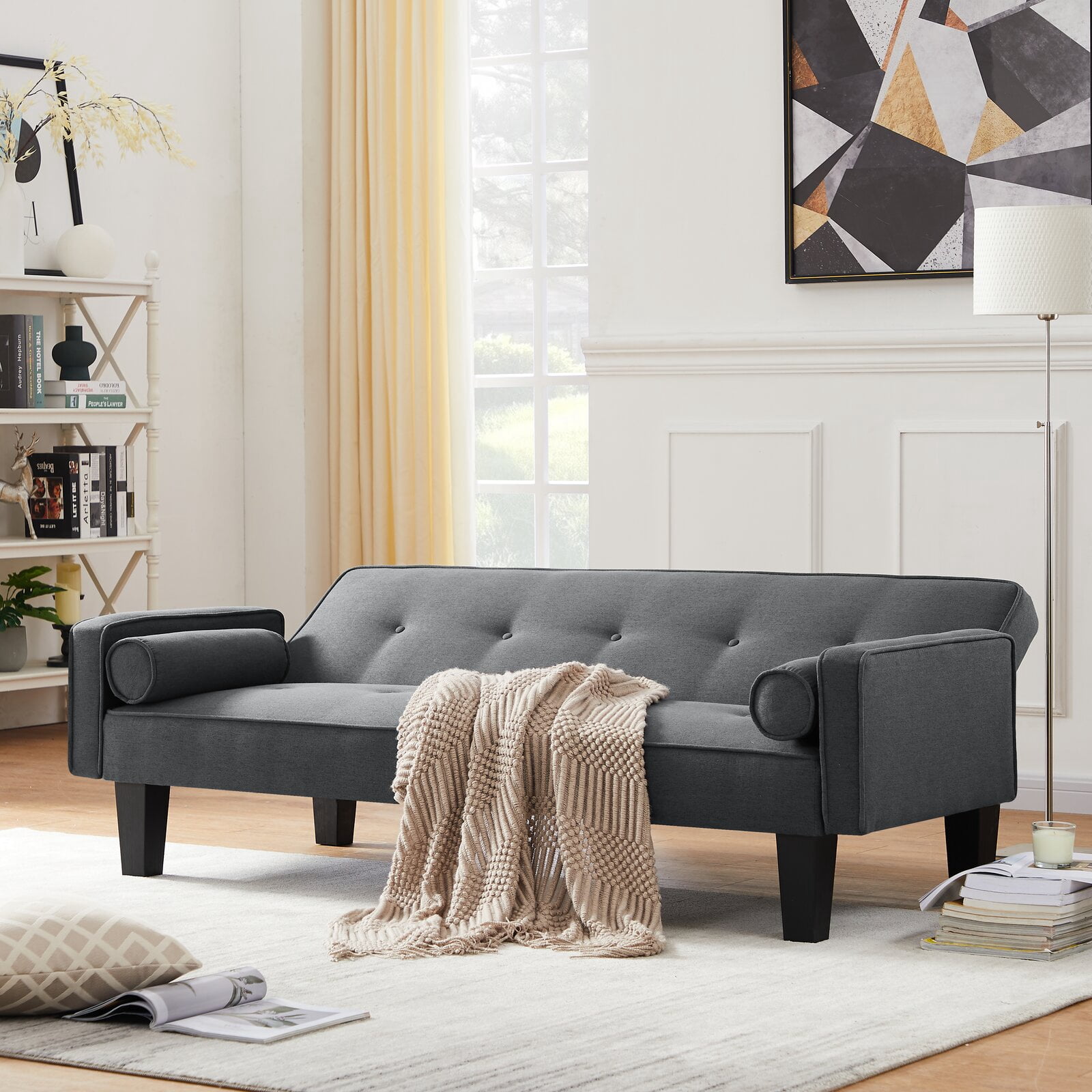 Bianlte Convertible Futon Sofa Bed,Upholstered Futon Couch Fabric Sleeper Sofa with Pillows for Living Room,Gray