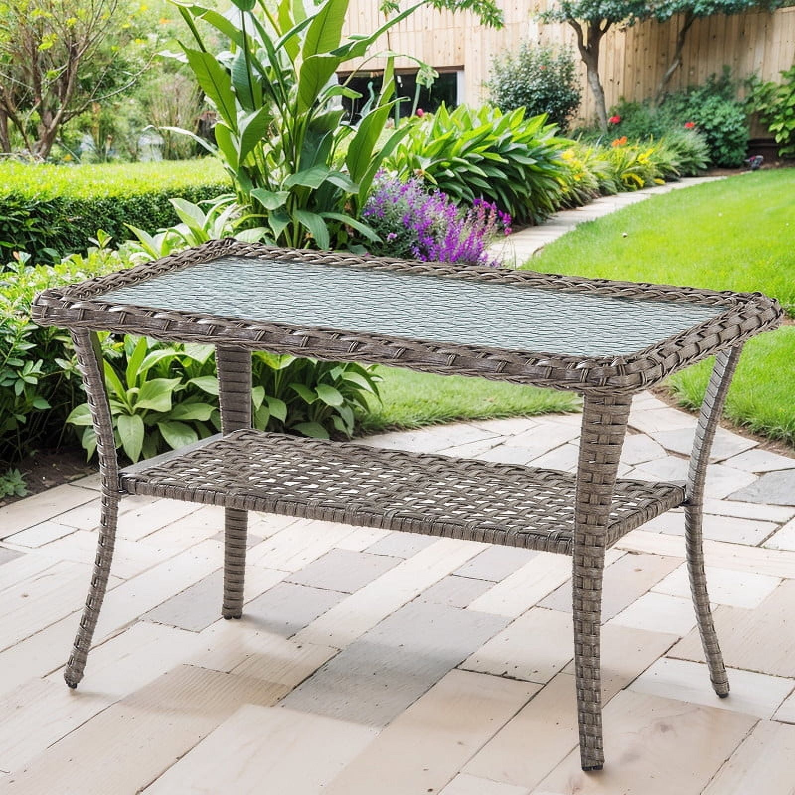 PARKWELL 5-Piece Outdoor Patio Conversation Set,Wicker 5-Seat High Back Furniture with Sofa, Swivel Gliders and Coffee Table,Gray Wicker Navy Cushions