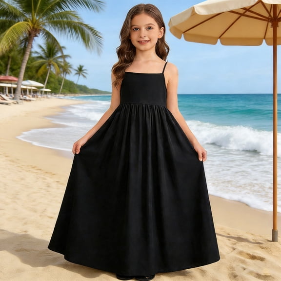 HOWPAY Dresses for Girls Sleeveless A-Line Flowy Dresses Spaghetti Strap Solid Color Lightweight Summer Loose Fit Holiday Casual Sundress Black
