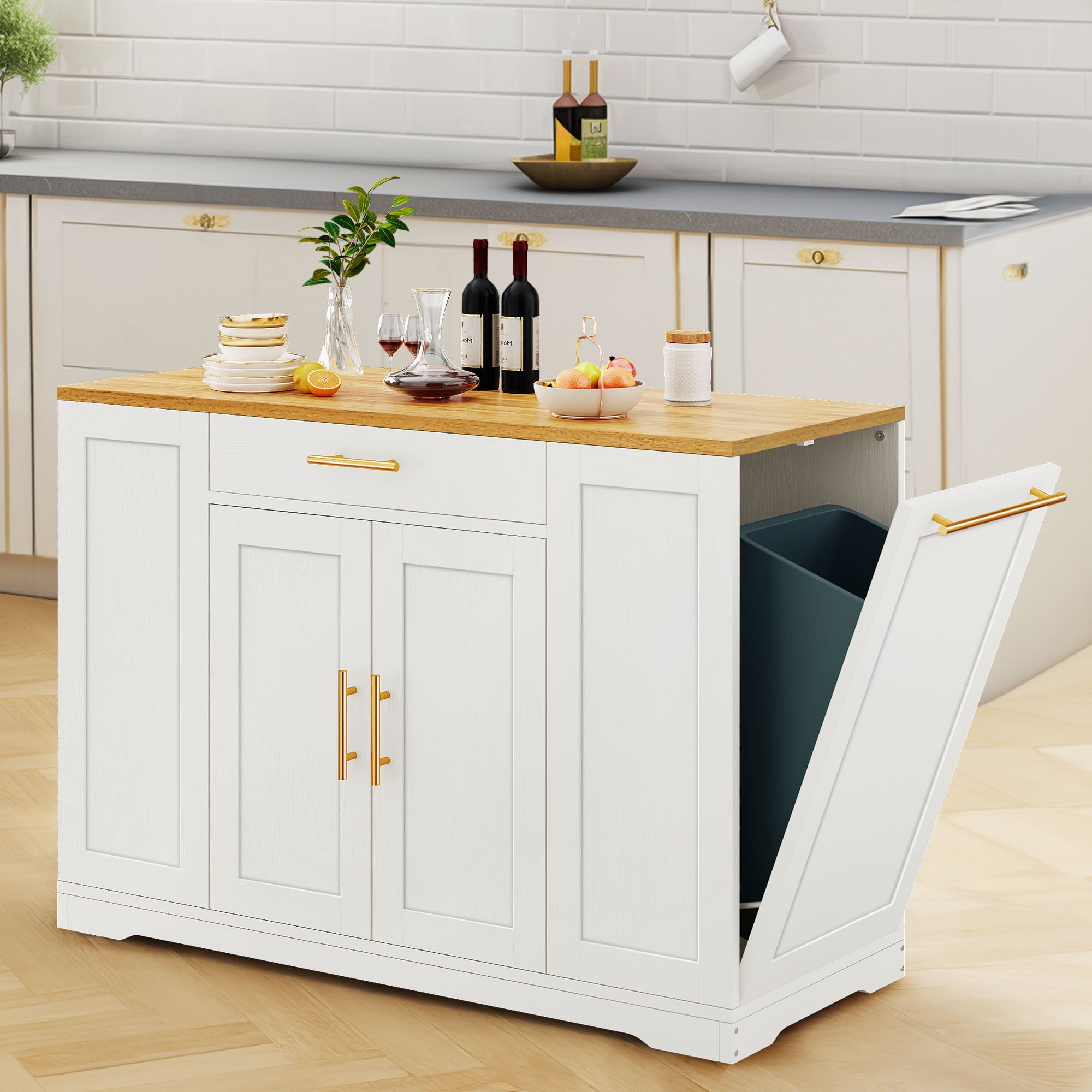 DEXTRUS 53" Kitchen Island Cart on Wheel, Kitchen island with Storage Cabinet, Tilt Out Trash Can, 2 Drawers for Home Kitchen, White