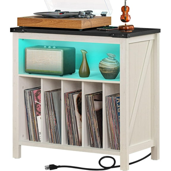 Large Record Player Stand with Charging Station & LED Lights, White Vinyl Record Storage Table Holds up to 230 Albums, Turntable Stand with Display Shelf for Music Room Bedroom Living Room