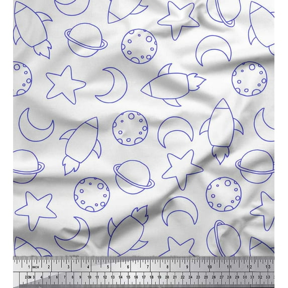 Soimoi White Cotton Voile Fabric Planet & Stars Galaxy Print Fabric by the Yard 42 Inch Wide