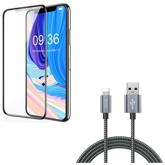 iPhone XS/X - Ceramics Screen Protector w Charger Cord 10ft USB Cable - Matte 3D Curved Edge Full Cover Anti Glare Anti Fingerprint 9H Hardness, Power Wire Braided Long Sync Fast Charge