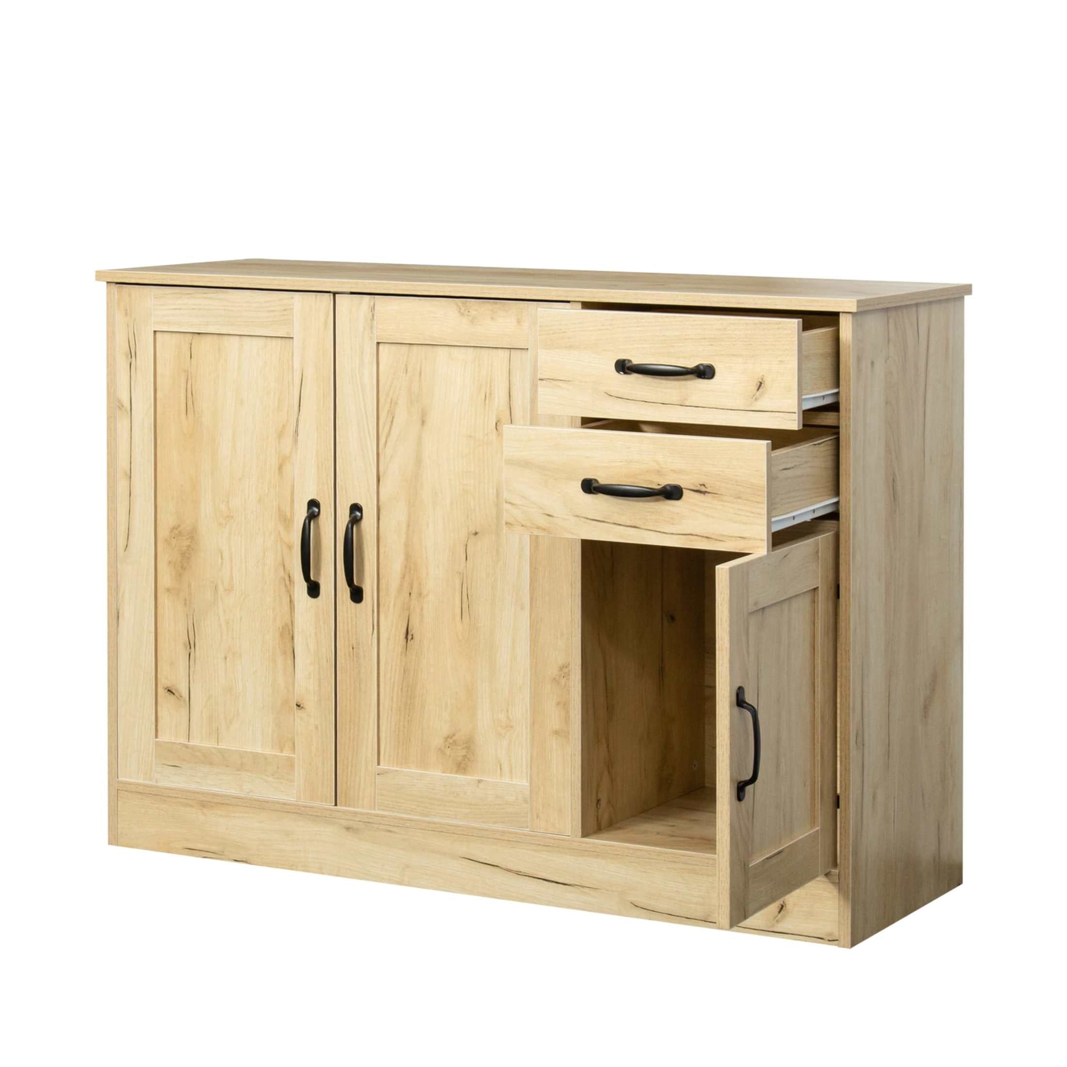 Noble House 43.3" Wooden Buffet Sideboard, with Doors and Drawers, Adjustable Shelf, Entryway/Dining Cabinet, Oak