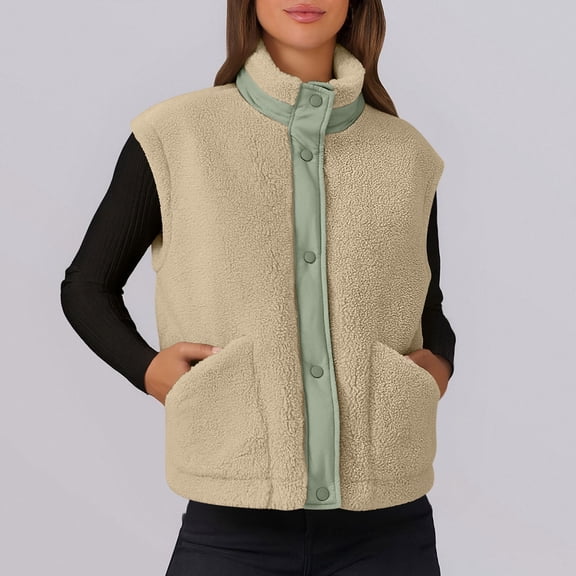 EOYWHK Sherpa Vests for Women Winter Coats Full Zipper Stand Collar Warm Outerwear with Pockets
