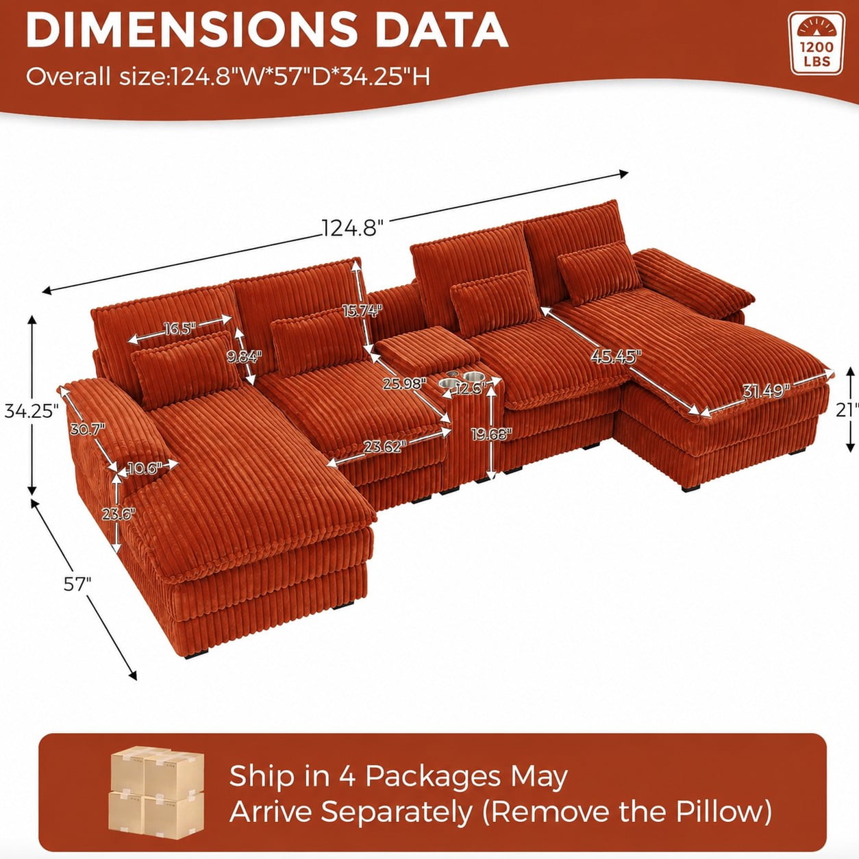 ShiKeyi Oversided 124" U Shaped Cloud Couch Sectional, DeepSeat Sofa Bed with USB Charging, Hidden Storage, Cup Holders & Chenille Double Chaise, Orange