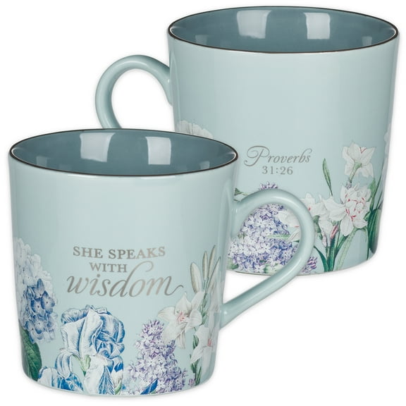 Christian Art Gifts Ceramic Novelty Scripture Coffee & Tea Mug for Women: She Speaks with Wisdom - Proverbs Inspirational Bible Verse w/Silver Accents, Lead-free Drinkware, Light Blue Floral, 14 oz.