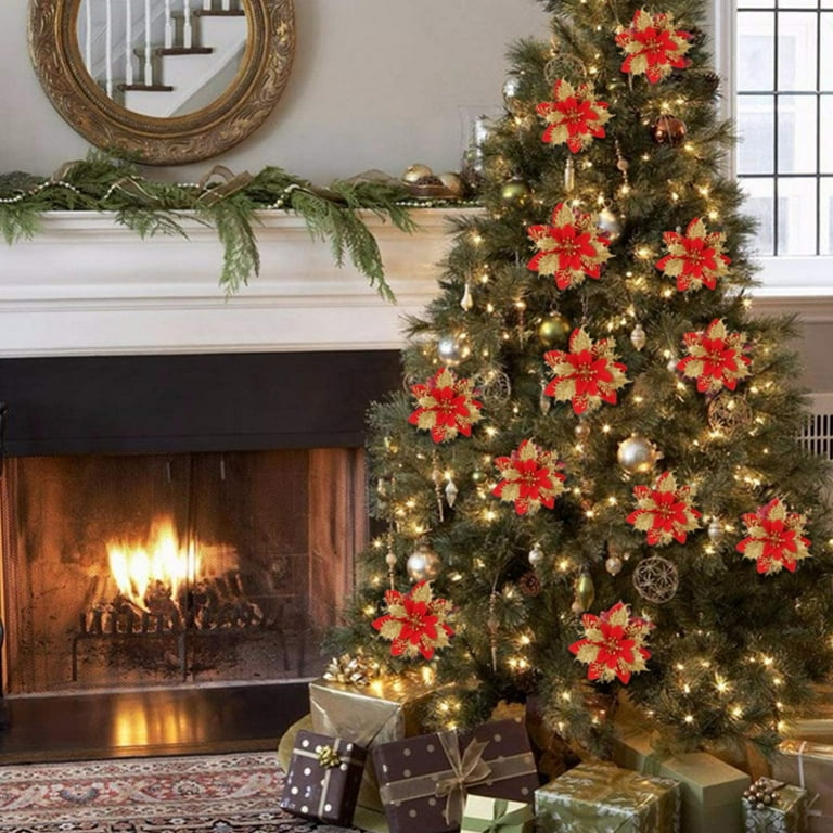 Christmas tree decorated with cheap poinsettias