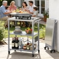 thumbnail image 2 of Dovov Foldable Outdoor Grill Cart on Wheels, 3 Tiers Outdoor Food Prep Cart Rolling Grill Table w/ Stainless Steel Top, Handle and 4 Hooks, Gray, 2 of 9