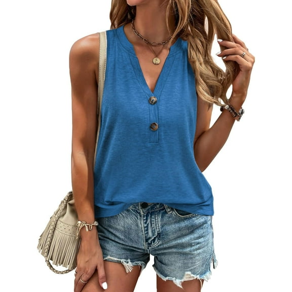Summer Women Tank Tops Plus Size Solid Color Button V-Neck Sleeveless Wide Straps Blouse Tank Tops For Women Casual Loose Dressy Women Trendy Going Out Tops