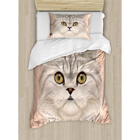 Cat Twin Size Duvet Cover Set, Cute Kitty Portrait Whiskers Best Pet Animal I Love My Feline Themed Artwork, Decorative 2 Piece Bedding Set with 1 Pillow Sham, Beige Cream Peach, by