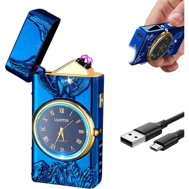 COMANYI Electric Lighter with Plasma Arc, Windproof USB Rechargeable Lighter with Cool Design, Clock Dial, Flashlight, Power Display for Outdoor Daily Use, Gift for Men Women (Eagle, Blue)