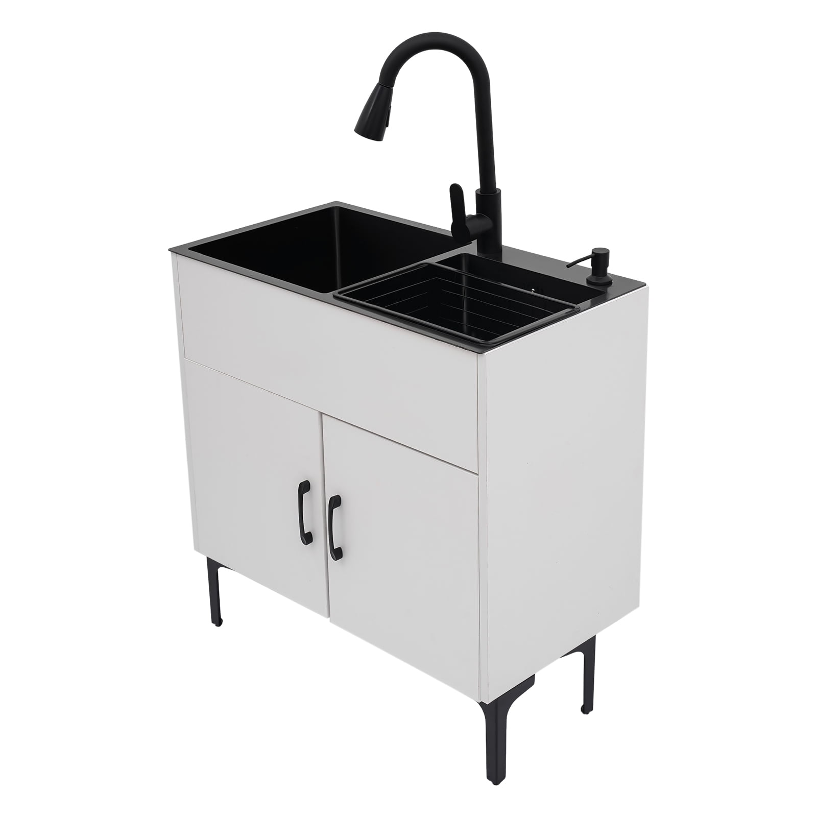 White Freestanding Double Kitchen Sink with Cabinet, Pull-Out Faucet, Soap Dispenser, Drainage Basket, 201 Stainless Steel & Wood, Black/White, 29.5"x16.1"x30.7", Easy Assembly, Complete Set