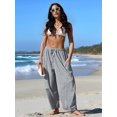 thumbnail image 6 of Women's Wide Leg Striped Pants Casual Loose Drawstring Low Waist Palazzo Harem Pants with Pockets Black S, 6 of 7