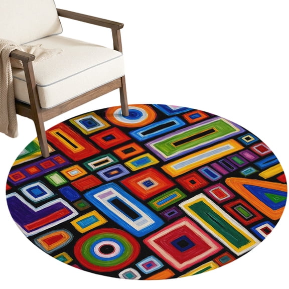Concentric Squares Washable Round Area Rug 5 ft, Abstract Vintage Red Blue Yellow Geometric Soft Non‑Slip Rugs Stain Repellent Indoor Mats for Living‑Room Corner, Breakfast Nook, Sunroom