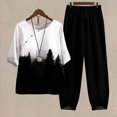 thumbnail image 1 of Ladies Five Sleeve Printed Blouse Pants Two Piece Suit, Black M, 1 of 3