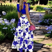 2 Piece Skirt Sets for Women Smocked Waist Floral Tiered Maxi Skirt Set and Cute Crop Tank Top Spring Easter Outfits Blue L