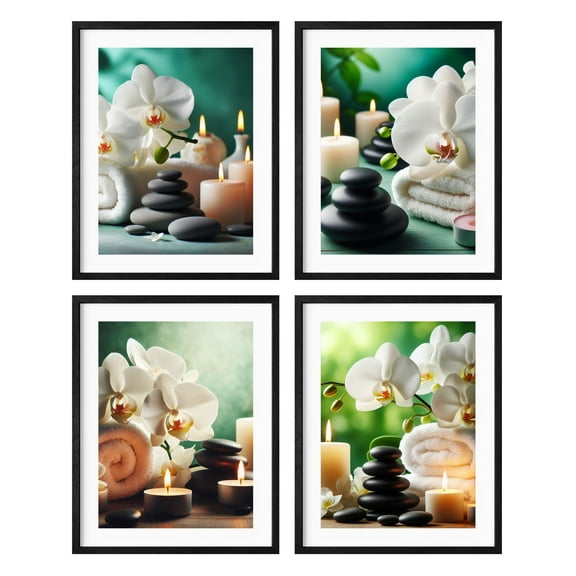 Zen Stones Relax and Calm Massage Laundry Room Bathroom Decor Set of 4 Framed Bamboo Wall Art Print