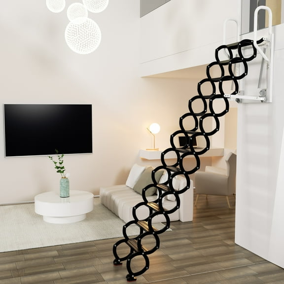 Motor Genic Wall Mounted Folding Ladder Black Retractable Loft Attic Stairs Pull down 12 Steps Folding Retractable Attic Loft Ladder
