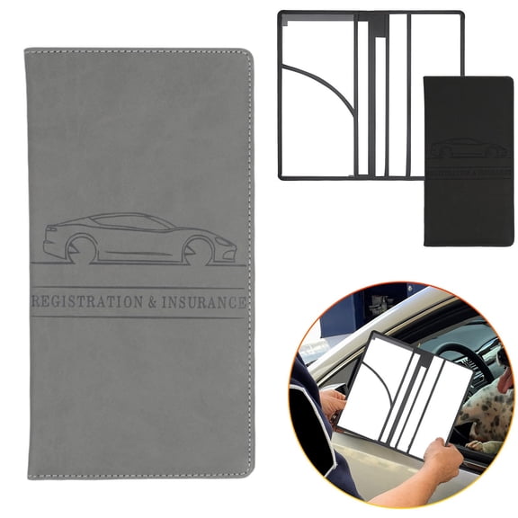 Car Registration and Insurance Card Holder, Pu Leather 5"×9.5" Organizer with Shut and 4 Clear Slots, Embossed Car Documents for License Gray