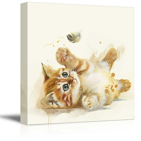 wall26 Square Cat Series Canvas Wall Art - Watercolor Painting Style Kitty Playing with a Feather - Giclee Print Gallery Wrap Modern Home Art Ready to Hang - 12x12 inches