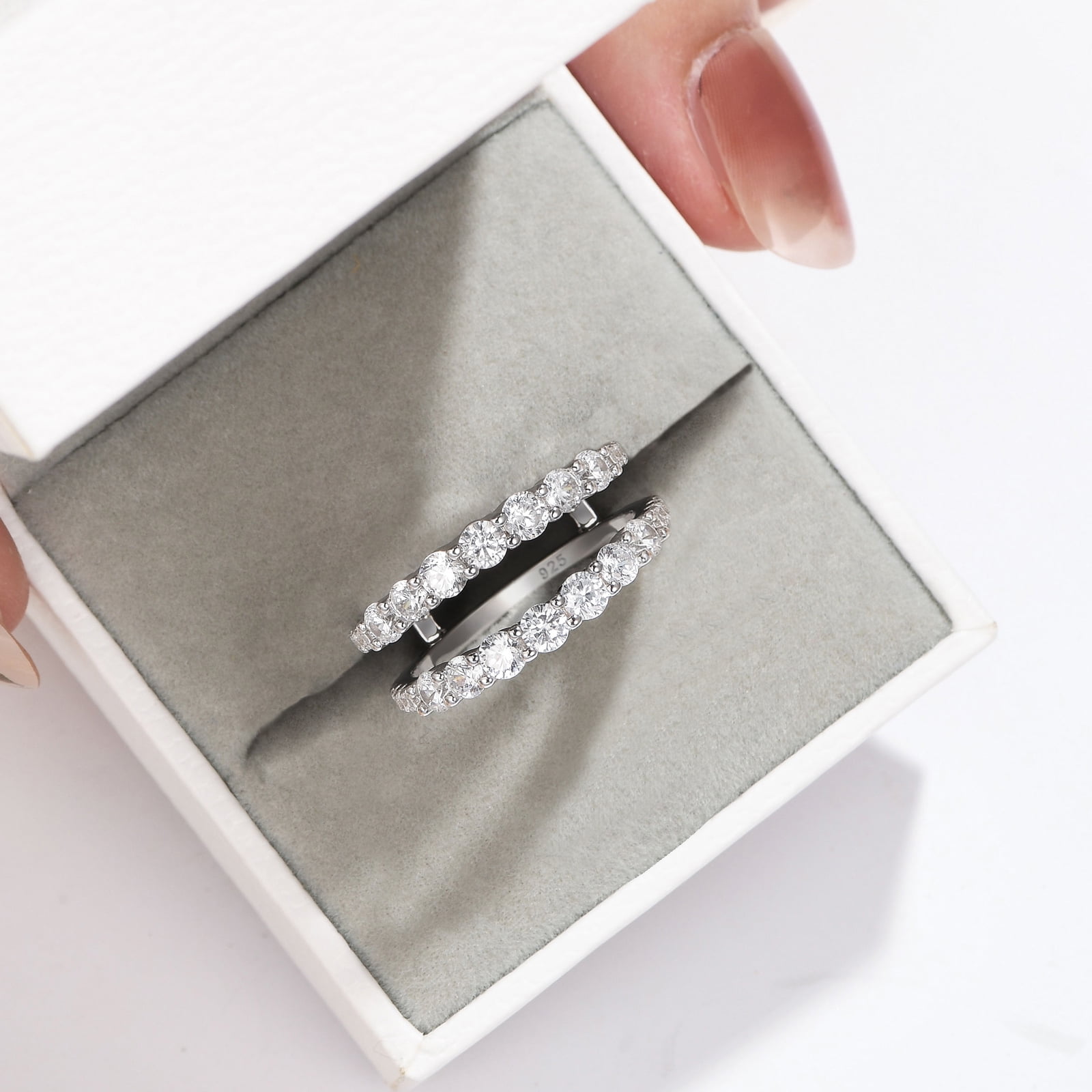 Wuziwen Ring Enhancer for Engagement Rings Two Row Sterling Silver Wedding Bands for Women Stackable Cubic Zirconia Size 5