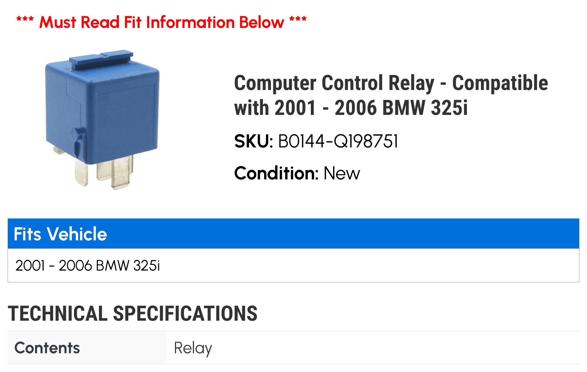 Computer Control Relay - Compatible with 2001 - 2006 BMW 325i 2002 2003 2004 2005