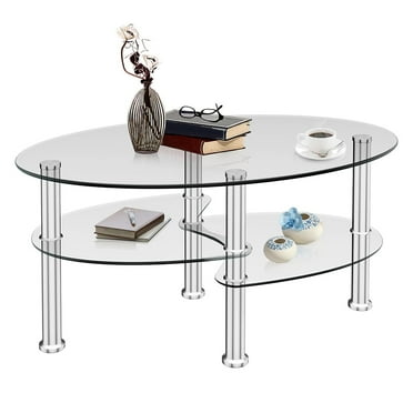 Glass Coffee Table, 3-Tier Sofa Side Table with Metal Tube Legs and Open Shelves, Modern Oval Coffee End Table for Living Room Office (Transparent)