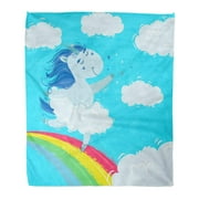ASHLEIGH Flannel Throw Blanket Unicorn Magic Blue Mane Dancing on Rainbow Clouds Cartoon Doodle Pony Ballerina in Ballet Tutu 50x60 Inch Lightweight Cozy Plush Fluffy Warm Fuzzy Soft