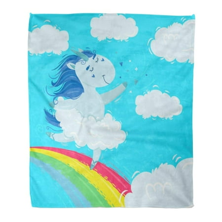 ASHLEIGH Flannel Throw Blanket Unicorn Magic Blue Mane Dancing on Rainbow Clouds Cartoon Doodle Pony Ballerina in Ballet Tutu 50x60 Inch Lightweight Cozy Plush Fluffy Warm Fuzzy Soft