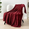 thumbnail image 4 of PAVILIA Fleece Throw Blanket for Couch with Pom Pom Fringe, Maroon Burgundy Red, Soft Cozy Fuzzy Flannel Blanket for Sofa Bed, Large Lightweight Plush All Season Throw, 60x80 Inches, 4 of 9