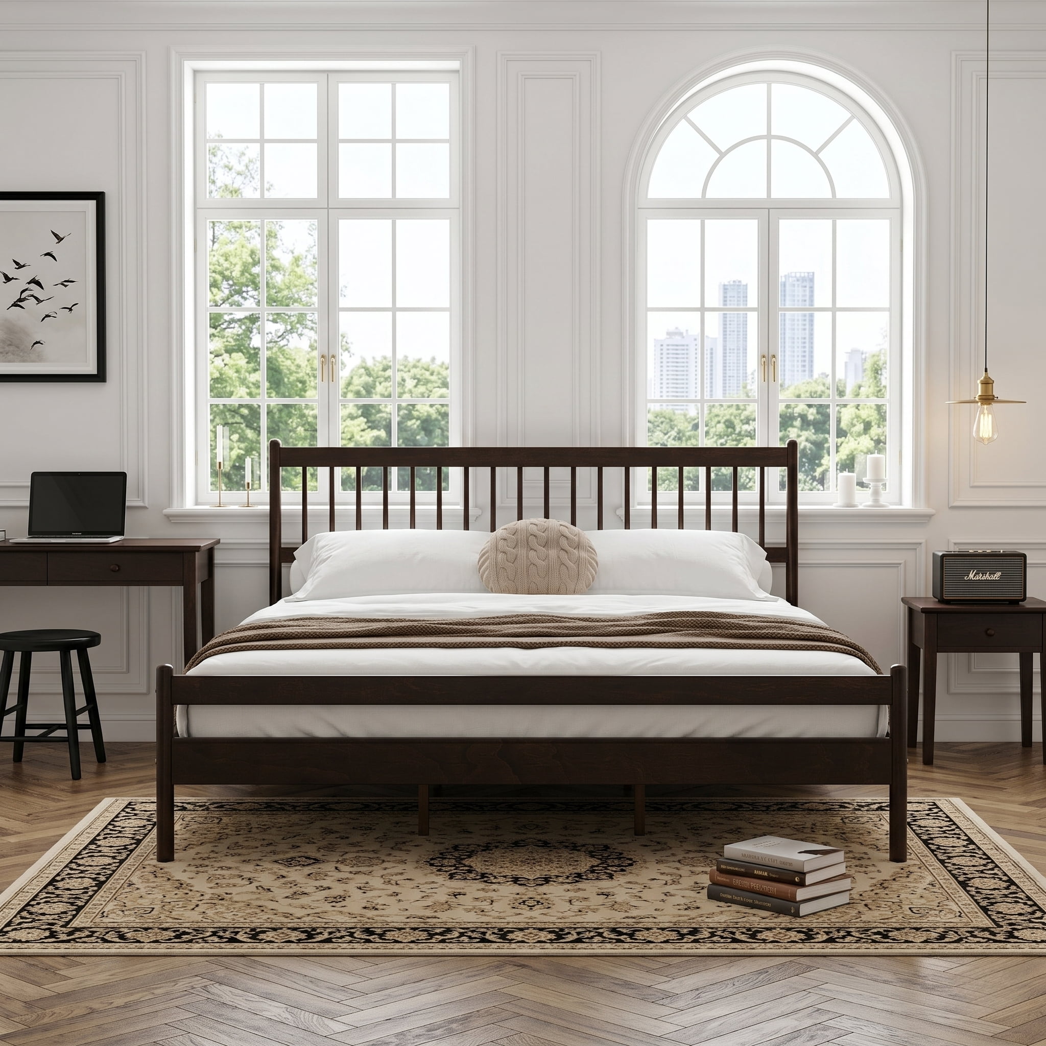 Mintazer Traditional King Size Platform Bed with Headboard and Footboard, Vintage Headboard Bed Frame for Bedroom, Brown