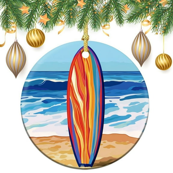 Colorful Surfboard on The Beach Christmas Ornament Summer Surfing Sports Christmas Tree Ornaments Christmas Tree Ceramic Ornament Decoration Gifts Keepsake for Family