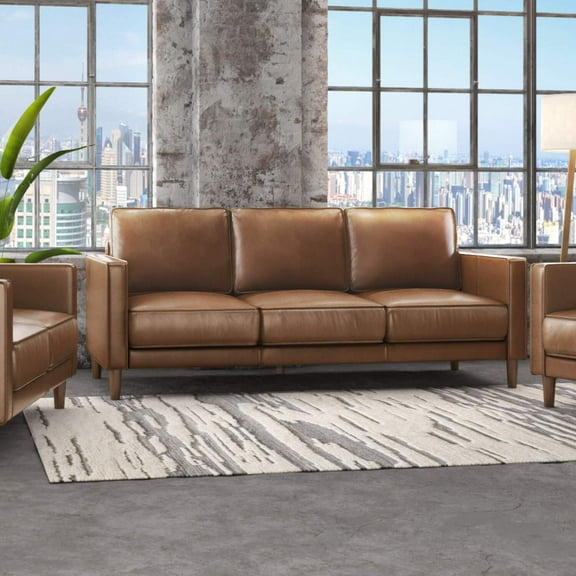Leather Sofa 79" Wide - Modern 3 Seater Couch, Chestnut Brown - Living Room Furniture