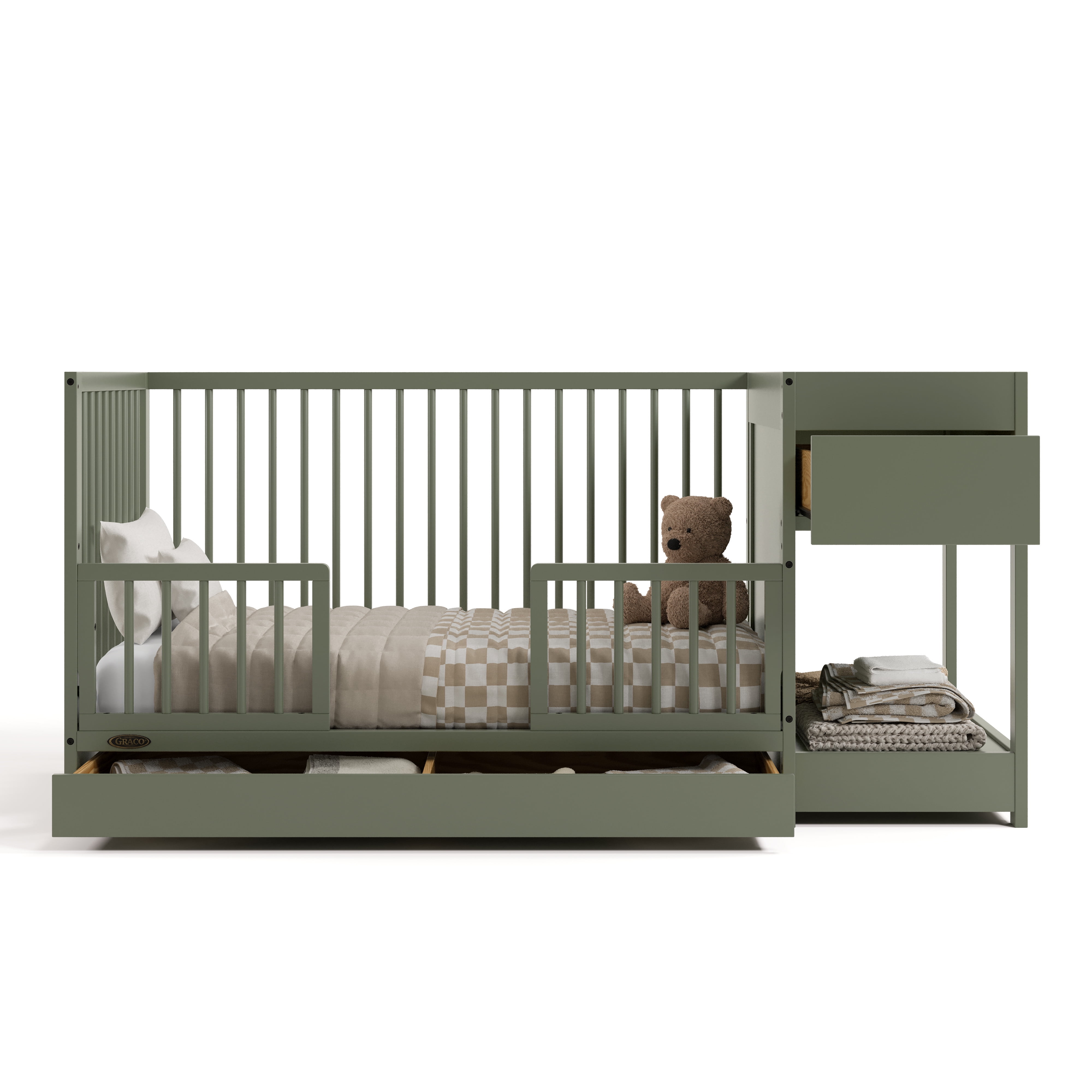 Graco Teddi 5-in-1 Convertible Baby Crib and Changer with Drawer, Olive
