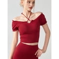 thumbnail image 2 of Women'S Cold Shoulder Summer Halter Top Short Sleeve Off the Shoulder Rib Knit Crop Top Tee Shirt Red L, 2 of 6