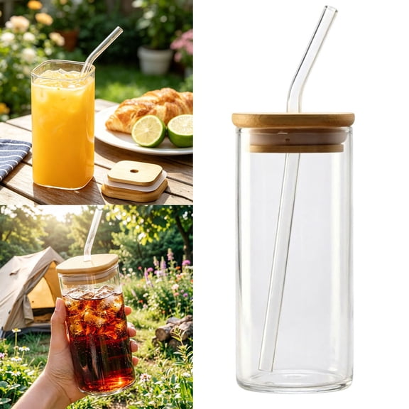 Glass Cup with Lid and Straw, 11.8oz Iced Coffee Tumbler with Bamboo Lid, Square Heatproof Glass for Coffee, Milk, Juice, Home, Office, School, Gift, 5.51"x2.36"