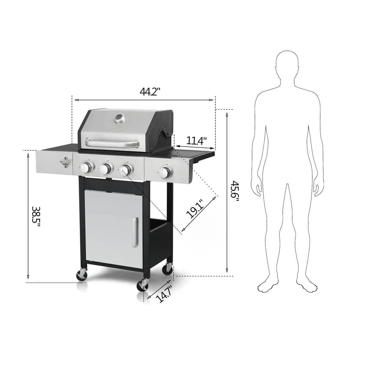 3-Burner Propane Gas Grill with Side Burner, 37,230 BTU, Stainless Steel BBQ for Outdoor Cooking