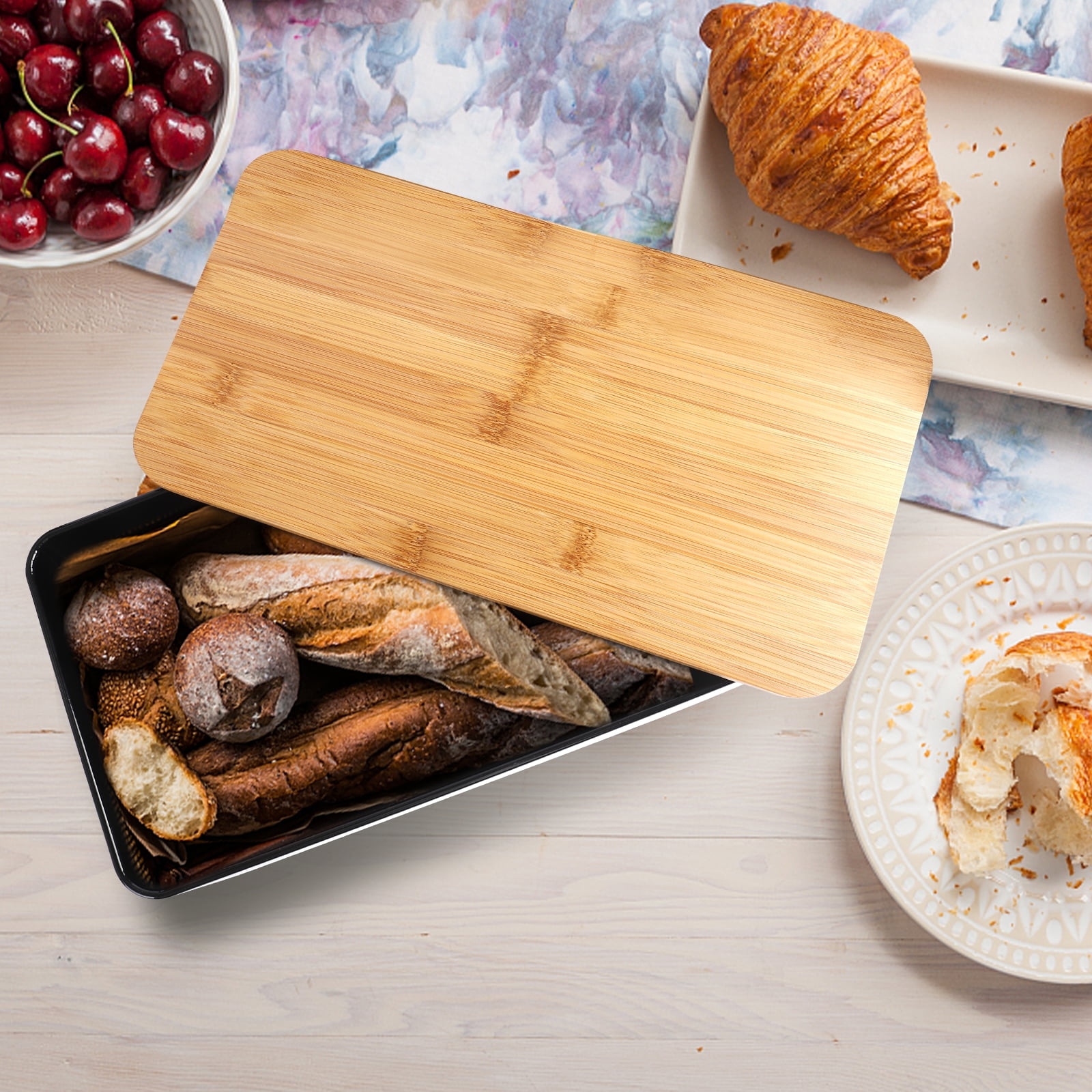 JIGUOOR Black Bread Box, Large Space Metal Bread Box with Wooden Cutting Board Lid, Farmhouse Bread Bins Kitchen Bread Storage 12.99" x 7.08" x 4.72"（L Size）