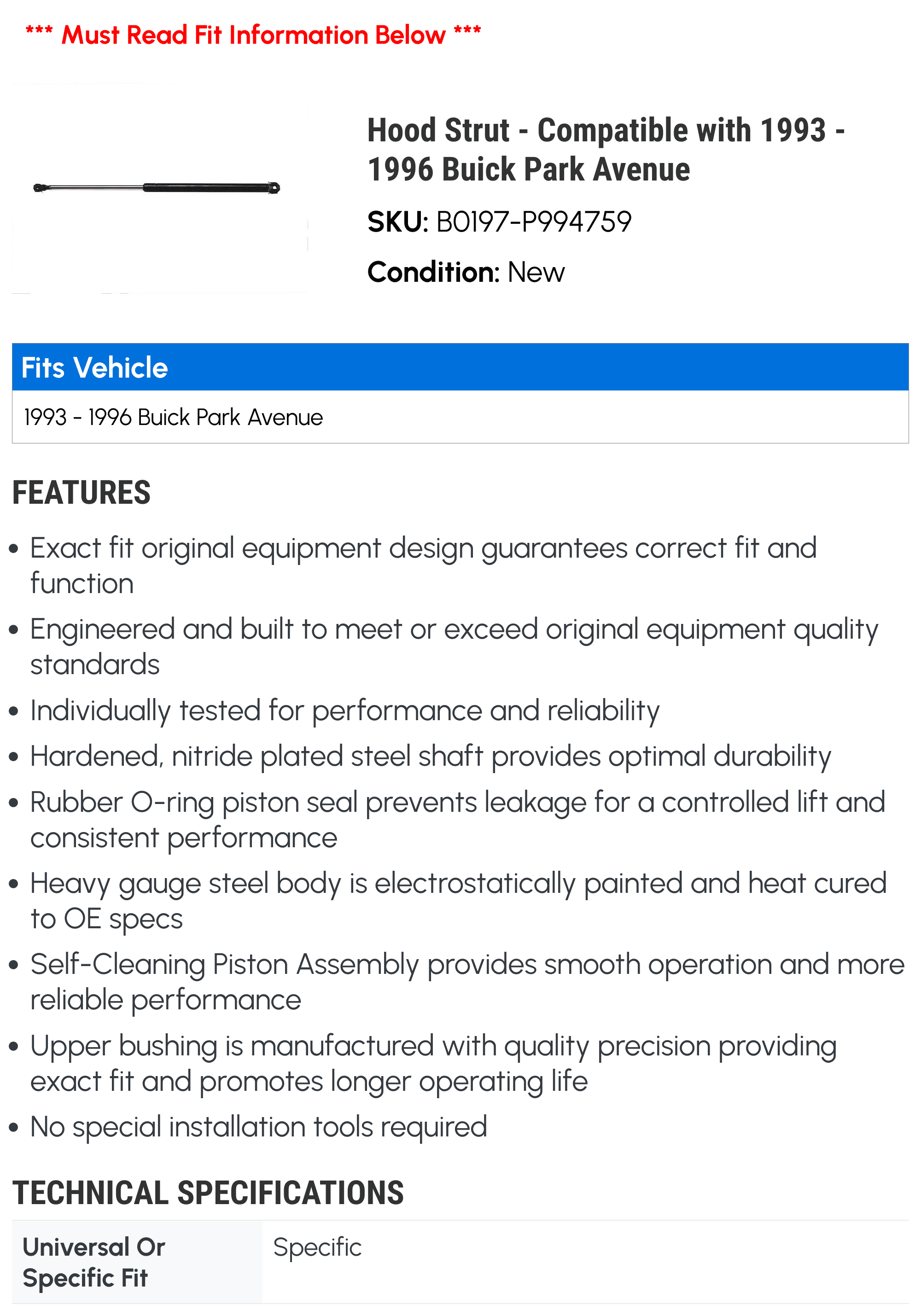 Hood Strut - Compatible with 1993 - 1996 Buick Park Avenue 1994 1995