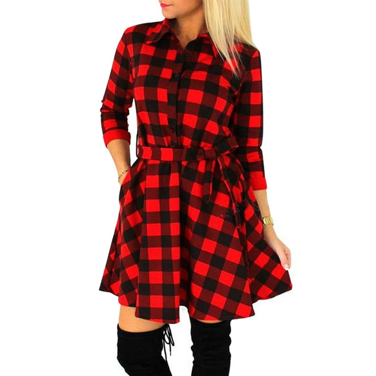 Summer Saving Clearance Squishhappy Women Lapel Neck Buffalo Plaid Dress Long Sleeve Button Shirt Dress Girls Vintage Grid Cocktail Party Dress with Belt Walmart