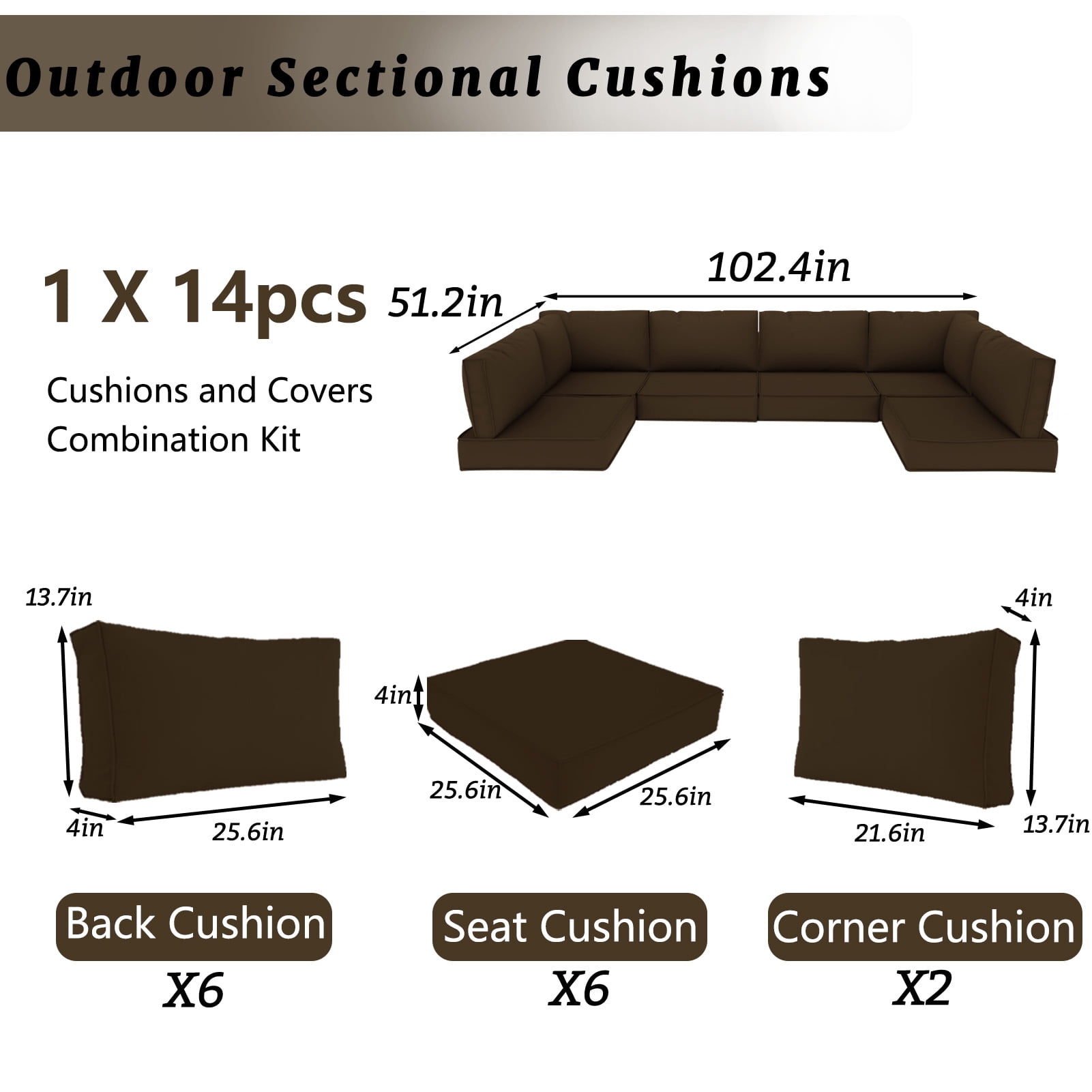 SDJPOI Patio Furniture Sectional Cushions, 14 Piece Waterproof Outdoor Sofa Cushion Replacement(coffe)