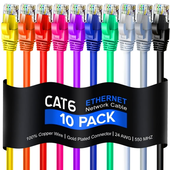 Cat 6 Ethernet Cable 1.5 Ft, 100% Pure Copper, Cat6 Cable (10 Pack) LAN Cable, Internet Cable, Patch Cable and Network Cable - UTP (Black) 1.5 Feet