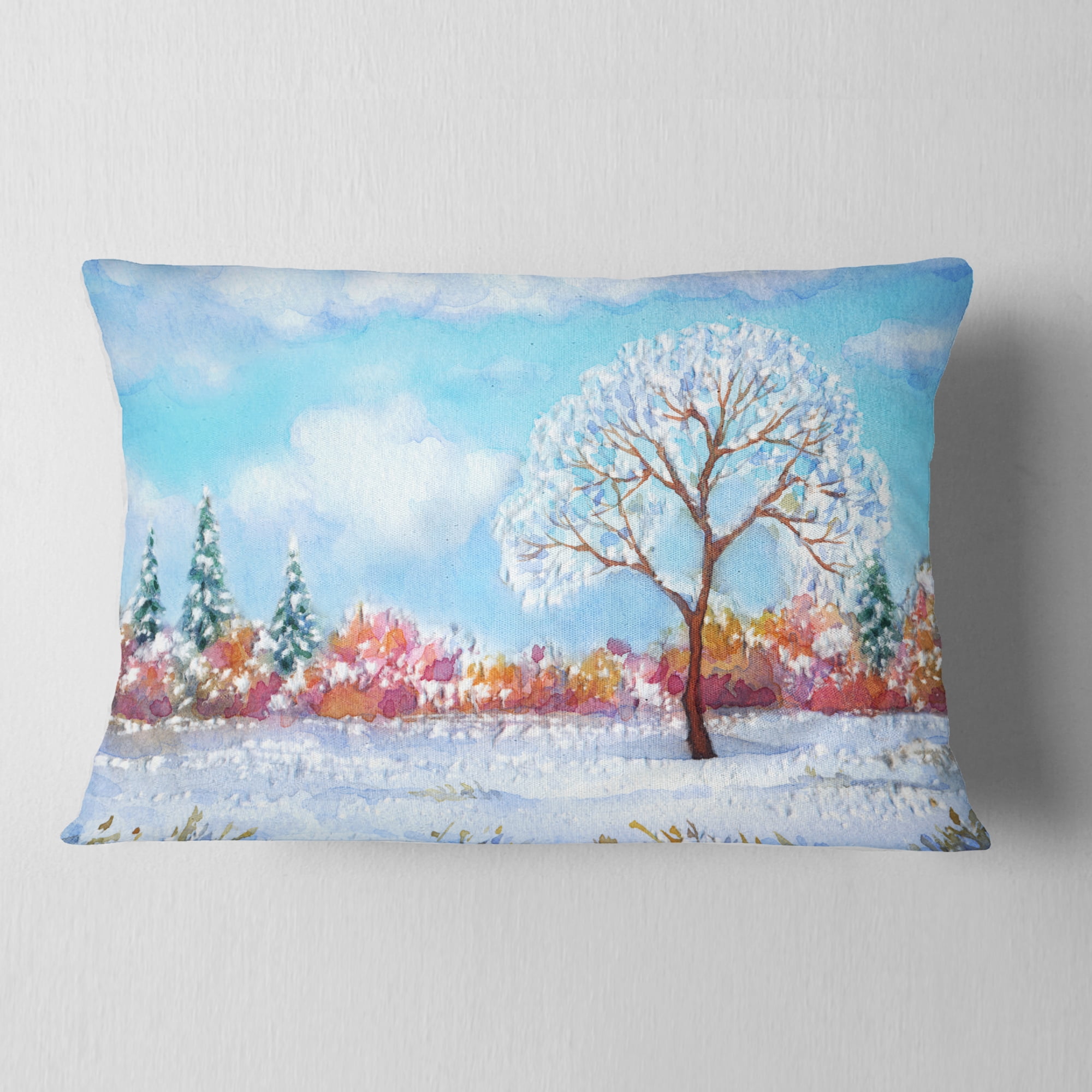 Designart Tree in Winter - Watercolor Painting Landscape Printed Throw Pillow - 12x20