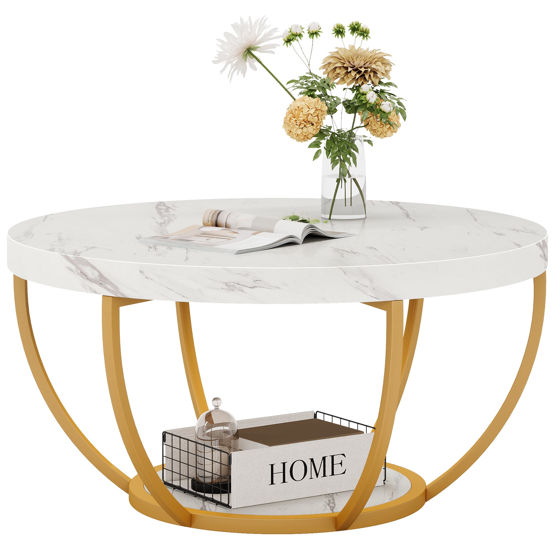 Fnova Coffee Table with 2 - Tier Storage, 32" Round Coffee Table with Metal Legs, Modern Rustic Style Center Table for Living Room, White and Gold