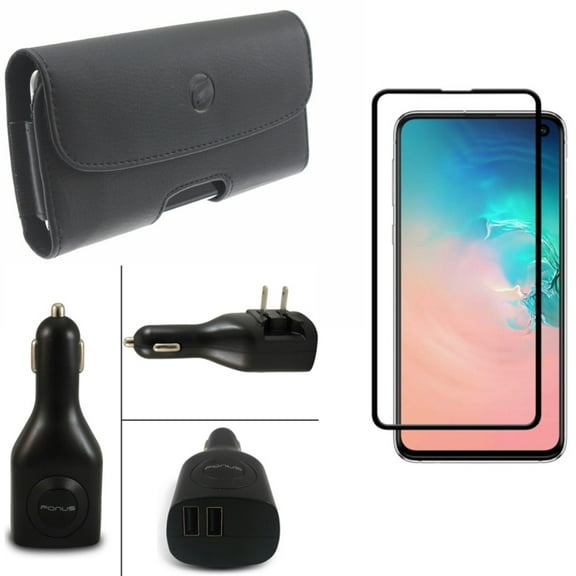 Galaxy S10e Screen Protector w Car Home Charger w Case Belt Clip - Tempered Glass 5D Curved Edge, 2-Port USB 2-in-1 Power, Leather Holster Cover for Samsung Galaxy S10e Phone