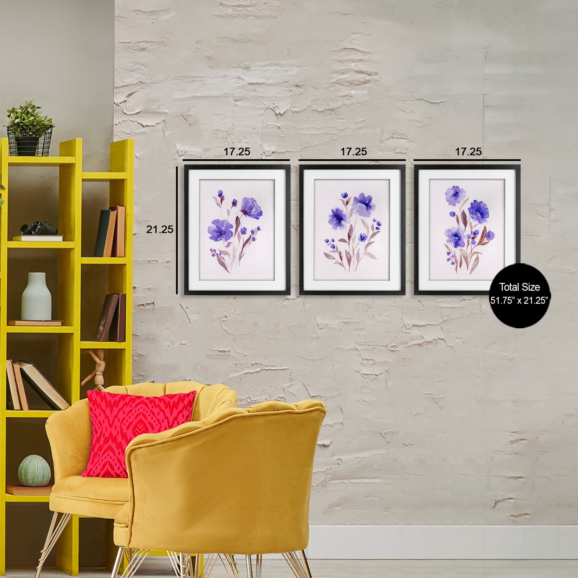 Stupell Industries Watercolor Purple Blooms 3 Piece Black Framed Print Under Glass Set, design by Leah Noel Art