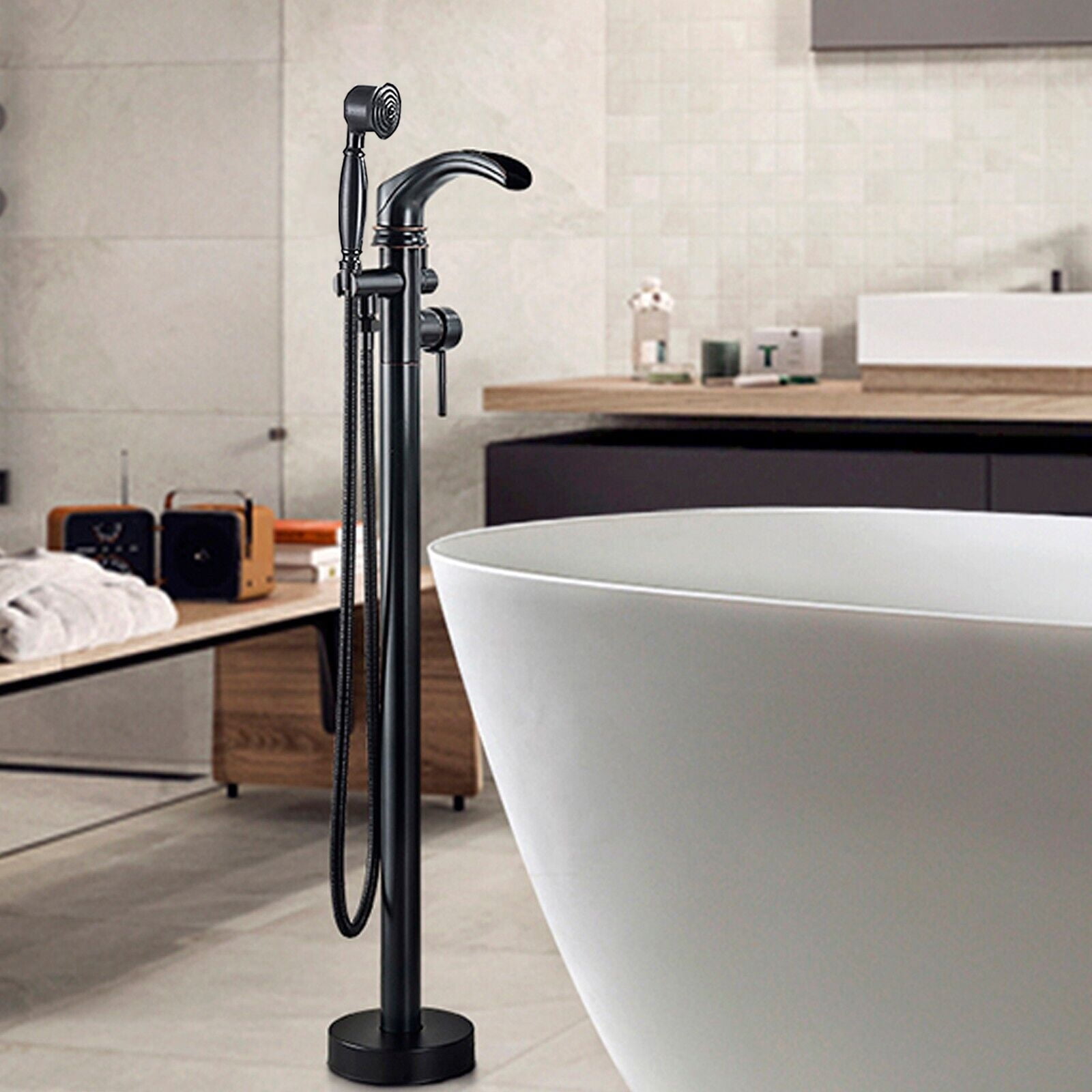 Black Floor Mount Freestanding Bathtub Shower Faucet Waterfall Tub Filler Mixer Mixer