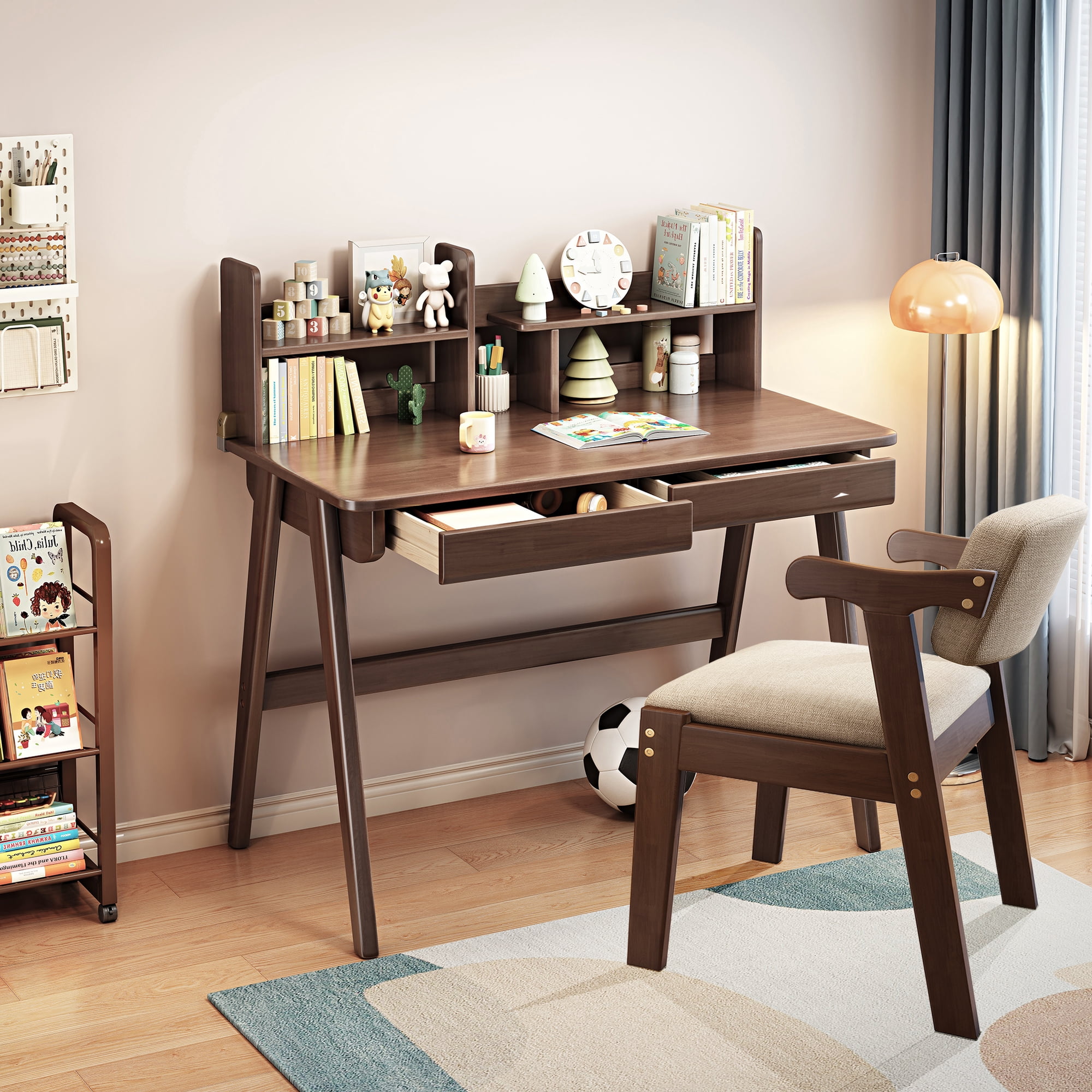 WILK Kids Desk , Solid Wood Children Study Desk with Chair, Reading Homework Drawing Table Writing Desk Computer Station Built-in Bookshelf Hutch and Storage Drawers (Brown)